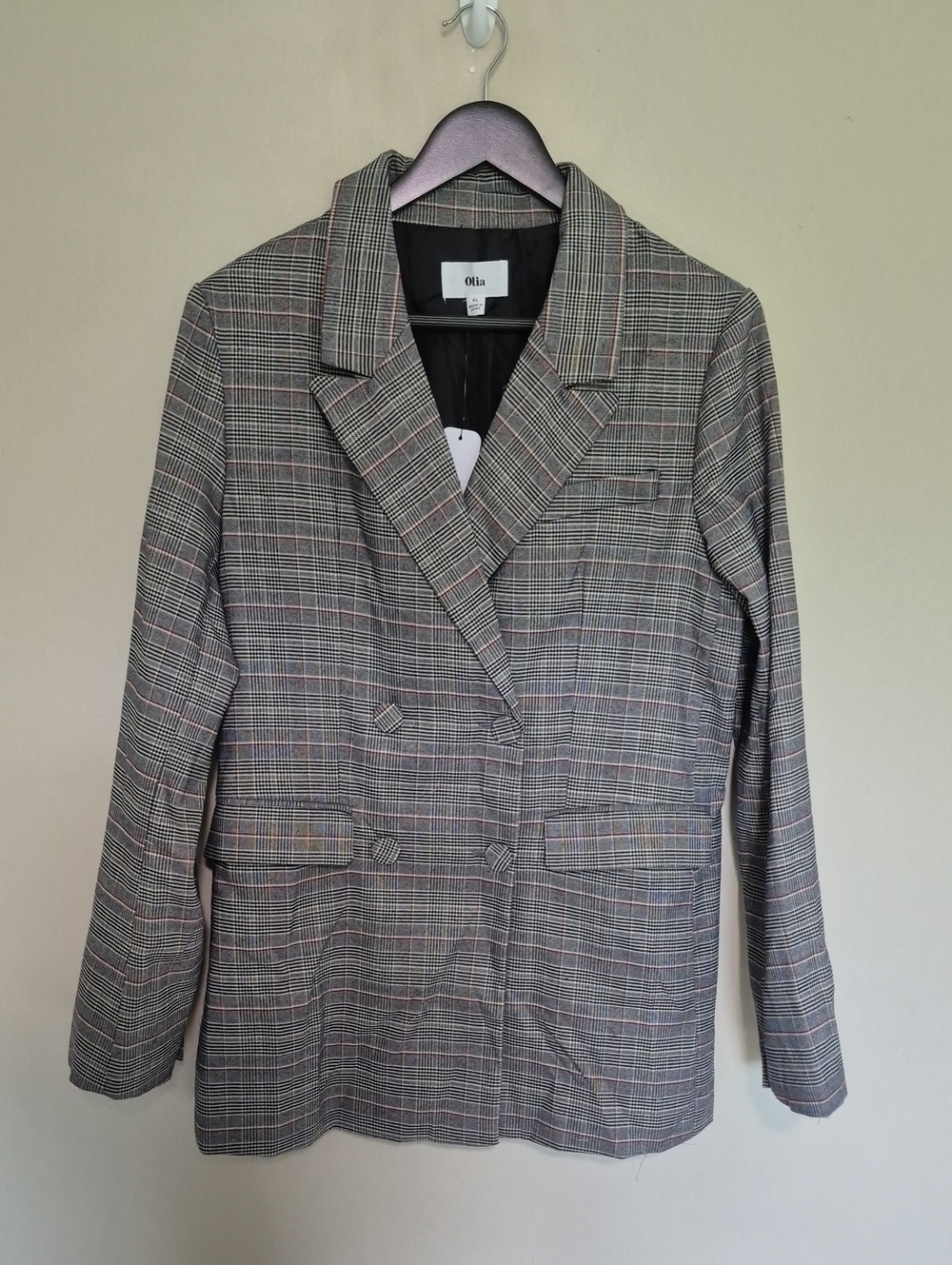 New! Women's Plaid Double-Breasted Blazer in Gray